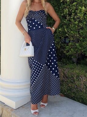 Strapless Navy Polka Dot Midi Dress - Classic Navy
